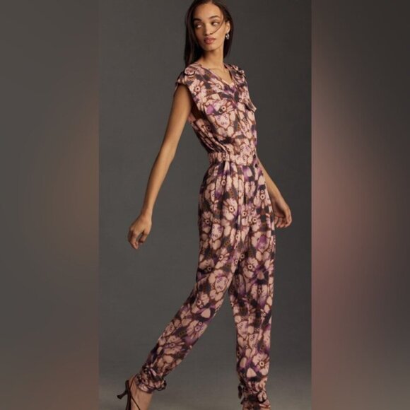 NWOT By Anthropologie Sleeveless Cutout Printed Jumpsuit Purple MEDIUM